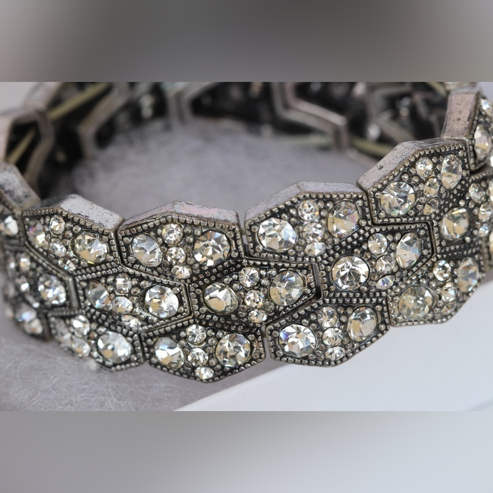 Vintage Rhinestone Hexagon Stretch Bracelet – Handmade Statement Jewelry - Picture 7 of 9